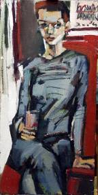 Максим Драницин. Девушка на красном. 2004. Доска, масло, 96х48